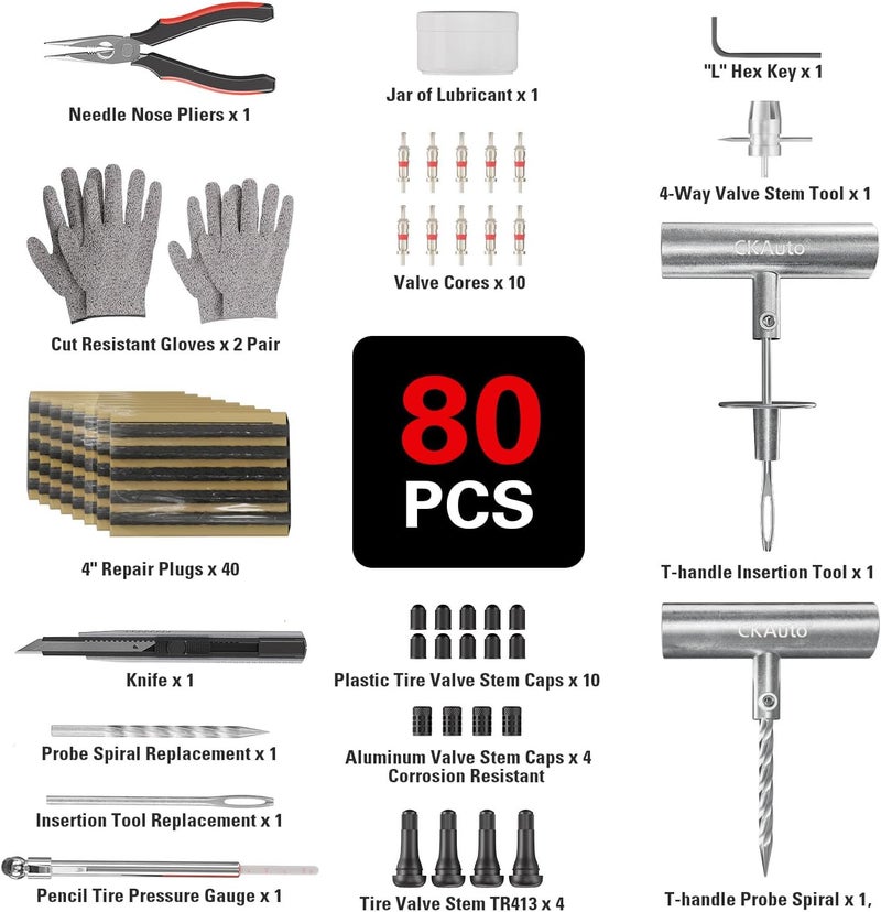 CKAuto Tire Plug Repair Kit, Heavy Duty Car Emergency Tool Kit for Flat Tire Puncture Repair, 80 Pcs Value Pack, Tire Patch Kit fit for Autos, Cars, Motorcycles, Trucks, RVs, etc. - Image 2